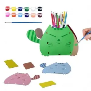 Webby DIY Build & Paint Wooden Cat Shaped Pen Stand Toy,  3Y+ (Multicolour)