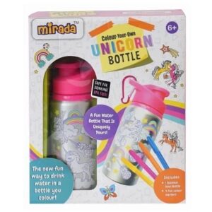 Colour Your Own Unicorn Stainless Steel Water Bottle by Mirada for Kids with 4 Fun Colour Markers, 6 Yrs +