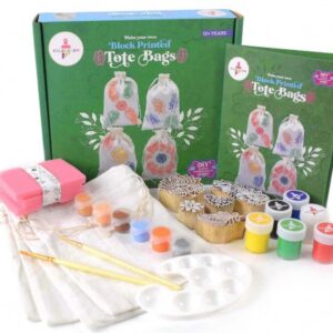 Kalakaram Block Priting Tote Bag Painting Kit for Kids, Paint your own Tote Bags, Kids Art and Craft Kit, Educational Gift for Kids, 12Y+, Multicolour