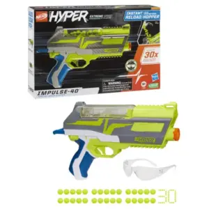 Nerf Hyper Impulse-40 Blaster, 30 Nerf Hyper Rounds, Spring-Open Instant Reload Hopper, Up To 110 FPS Velocity, Eyewear Included, 14Y+